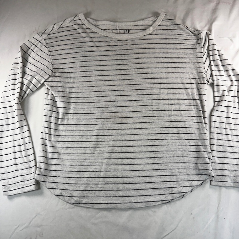 Gap‎ Linen Blend Striped Long Sleeve Tee White Black Crew Neck Medium